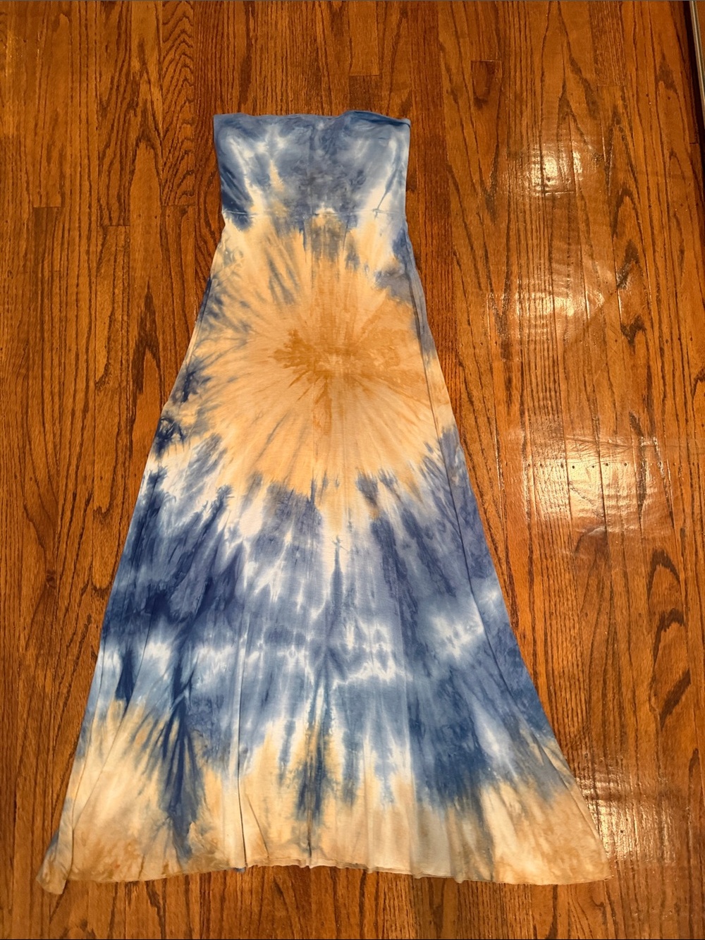 Strapless Tie-Dye Maxi Dress in Blue and Tan